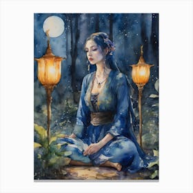 Elven Lady ~ Blue Lotus Yoga Meditating Sacred Space Witch Pagan Watercolor Painting Full Moon Canvas Print