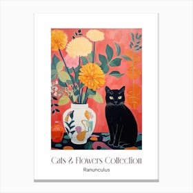 Cats & Flowers Collection Ranunculus Flower Vase And A Cat, A Painting In The Style Of Matisse 1 Canvas Print