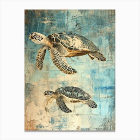 Two Sea Turtles Swimming Textured Collage Canvas Print