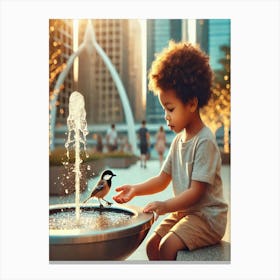 Little Boy Playing With Bird In Fountain Canvas Print