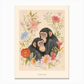 Folksy Floral Animal Drawing Chimpanzee Poster Canvas Print