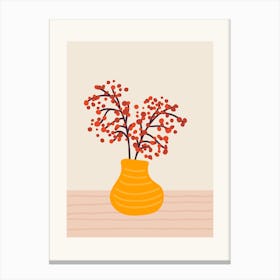 Red Berry Branch In A Yellow Vase Canvas Print