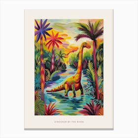 Dinosaur By The River Landscape Painting 1 Poster Canvas Print