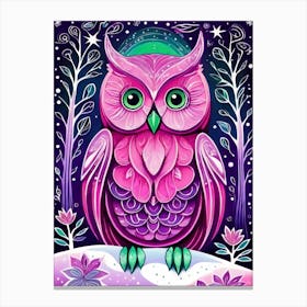 Pink Owl Snowy Landscape Painting (111) Canvas Print