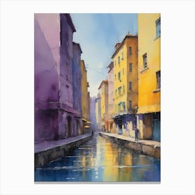 Colored Painting Of A Cityscape,Indigo And Yellow,Purple (11) Canvas Print