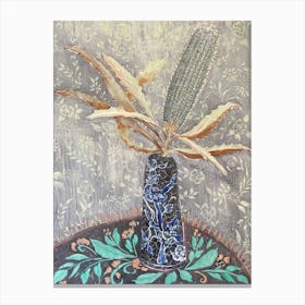 Still Life with Banksia Flower in Blue Vintage Vase  Canvas Print