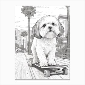 Shih Tzu Dog Skateboarding Line Art 3 Canvas Print