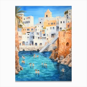 Swimming In Santorini Greece 3 Watercolour Canvas Print