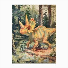 Cute Triceratops In The Woodlands Vintage Storybook Painting 2 Canvas Print