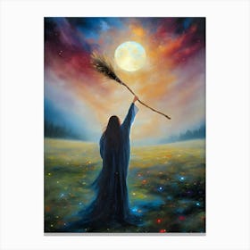 Hail the Lunar Goddess! Full Color - Witchy Art Work by John Arwen Full Moon Pagan Witch Broomstick Hecate Hekate Diana Summer Fields Colorful Aesthetic Women Healing Empowerment Spellcasting Wicca Wheel of the Year Witches Feature Wall HD Canvas Print
