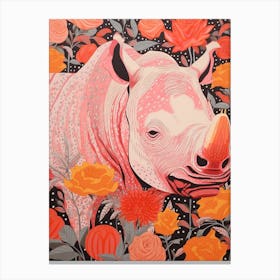 Floral Abstract Orange Linocut Inspired Rhino 1 Canvas Print