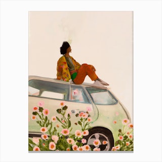Thoughtful Woman Sitting On Car Roof By Flowers Canvas Print