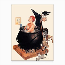 Pinup Witch Having A Bath In A Big Black Bowl Canvas Print