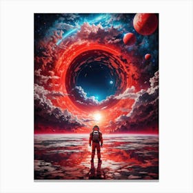 Amidst surreal planets, a lone astronaut witnesses a galactic fantasy—the universe collapsing into a cosmic dance around a devouring black hole. Canvas Print