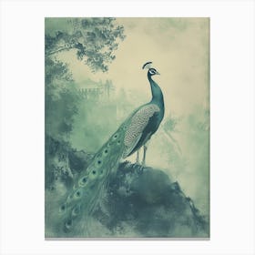 Vintage Turquoise Peacock With A Palace In The Background 2 Canvas Print