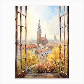 Window View Of Warsaw Poland In Autumn Fall, Watercolour 4 Canvas Print
