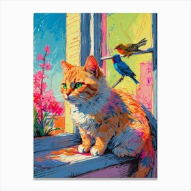 Cat And Birds On The Window Sill Canvas Print