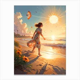 Girl Walking On The Beach Canvas Print