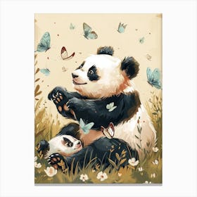 Giant Panda Cub Playing With Butterflies Storybook Illustration 1 Canvas Print