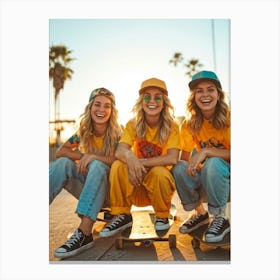 A Joyous Group Of Three Caucasian Female Skateboarders Hipster In Style Smiling Radiantly Sitting (3) Canvas Print