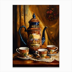 Antique Teapot With Cups Painting Canvas Print