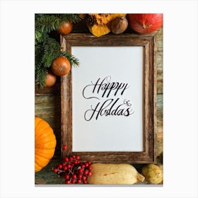 Cursive Calligraphy Depicting Happy Holidays Nestled Among A Vintage Wood Framed Composition Feat (5) Canvas Print