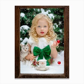 Blonde Child Garnished With A Cherry Red Bow Dressed In Emerald Green Fairytale Garb Gazes Throug Canvas Print