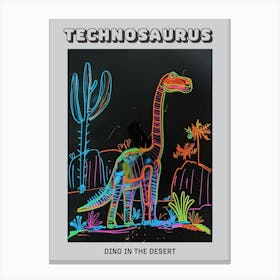 Neon Dinosaur Line Drawing In The Desert Poster Canvas Print