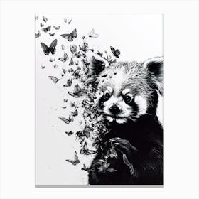 Red Panda Cub Playing With Butterflies Ink Illustration 1 Canvas Print