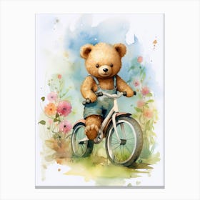Cycling Teddy Bear Painting Watercolour 1 Canvas Print