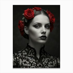 Gothic Girl With Red Roses Canvas Print