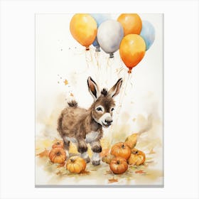 Donkey Flying With Autumn Fall Pumpkins And Balloons Watercolour Nursery 3 Canvas Print