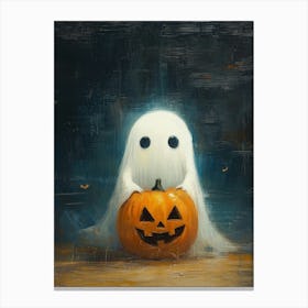 Oil Painting Of A Cute Ghost Holding A Jack O’ Lantern, Spooky Festive Canvas Print