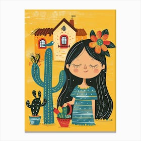 Mexican Girl With Cactus Canvas Print