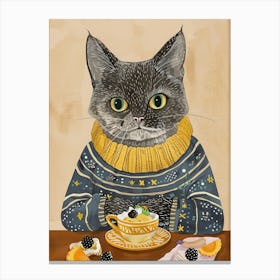 Grey Cat Having Breakfast Folk Illustration 3 Canvas Print