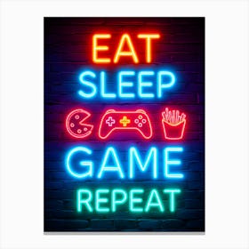 Eat Sleep Game Repeat Neon Sign Gaming Poster Canvas Wall Room Decor Canvas Print