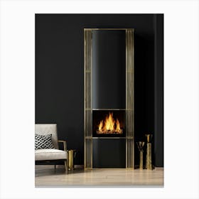 Geometric Fireplace Black Polished Surface Brass Accents Narrow Brass Shelves Displaying Decorati Canvas Print