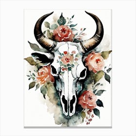 Vintage Boho Bull Skull Flowers Painting (28) Canvas Print