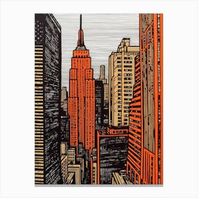 Empire State Building New York City, United States Linocut Illustration Style 4 Canvas Print