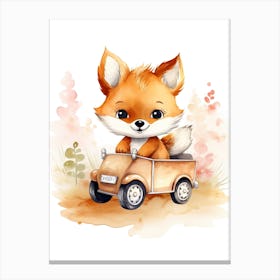 Baby Fox On Toy Car, Watercolour Nursery 2 Canvas Print