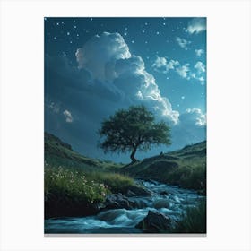 Live Action Scene Singular Majestic Tree Standing In The Center Of A Plateau Meadow Small River Su Canvas Print