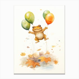 Frog Flying With Autumn Fall Pumpkins And Balloons Watercolour Nursery 4 Canvas Print