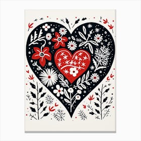 Folky Heart Linocut Style Black Red & White 3 Canvas Print