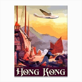 Airplane Over Hong Kong, Vintage Travel Poster Canvas Print