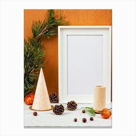 White Frame With Pine Cones Canvas Print