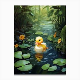 Cartoon Duckling Swimming With Water Lilies 3 Canvas Print