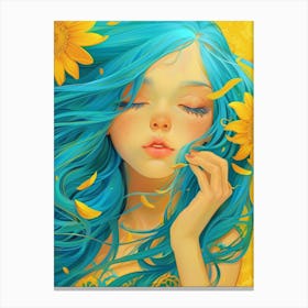 Blue Haired Girl With Sunflowers Canvas Print