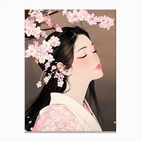 Beautiful Japanese Lady Under Cherry Blossoms Canvas Print
