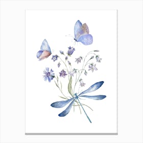 Watercolor Dragonfly And Flowers Canvas Print