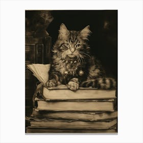 Tabby Cat Lying On Ancient Books Canvas Print
